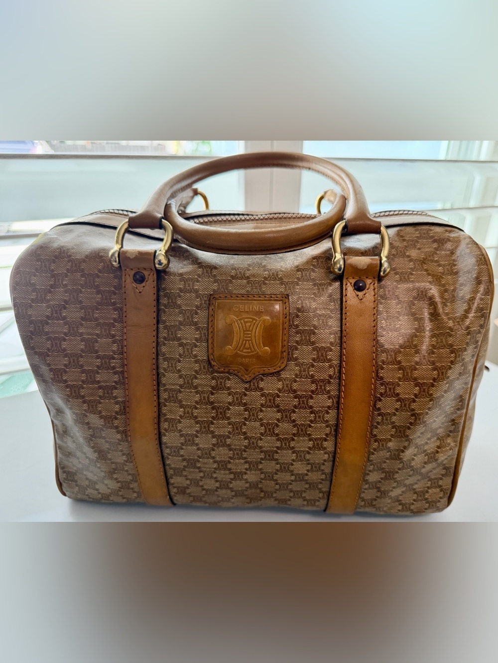 Authentic Vintage Celine Macadam Boston Bag Brown Mono PVC & Leather